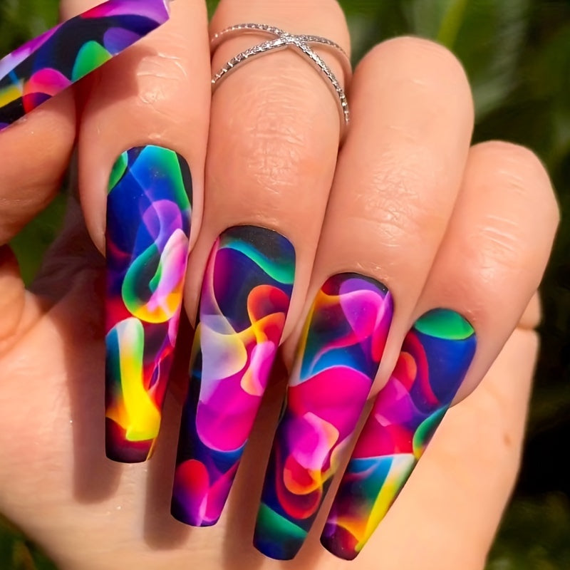 120pcs Acrylic Press On Nails Long Coffin Fake Nails with Nails Glue Long Ballet False Nails with Water Ripple Rainbow Designs Colorful Full Cover Artificial Nails Press Ons Stick On Nails 24pcs